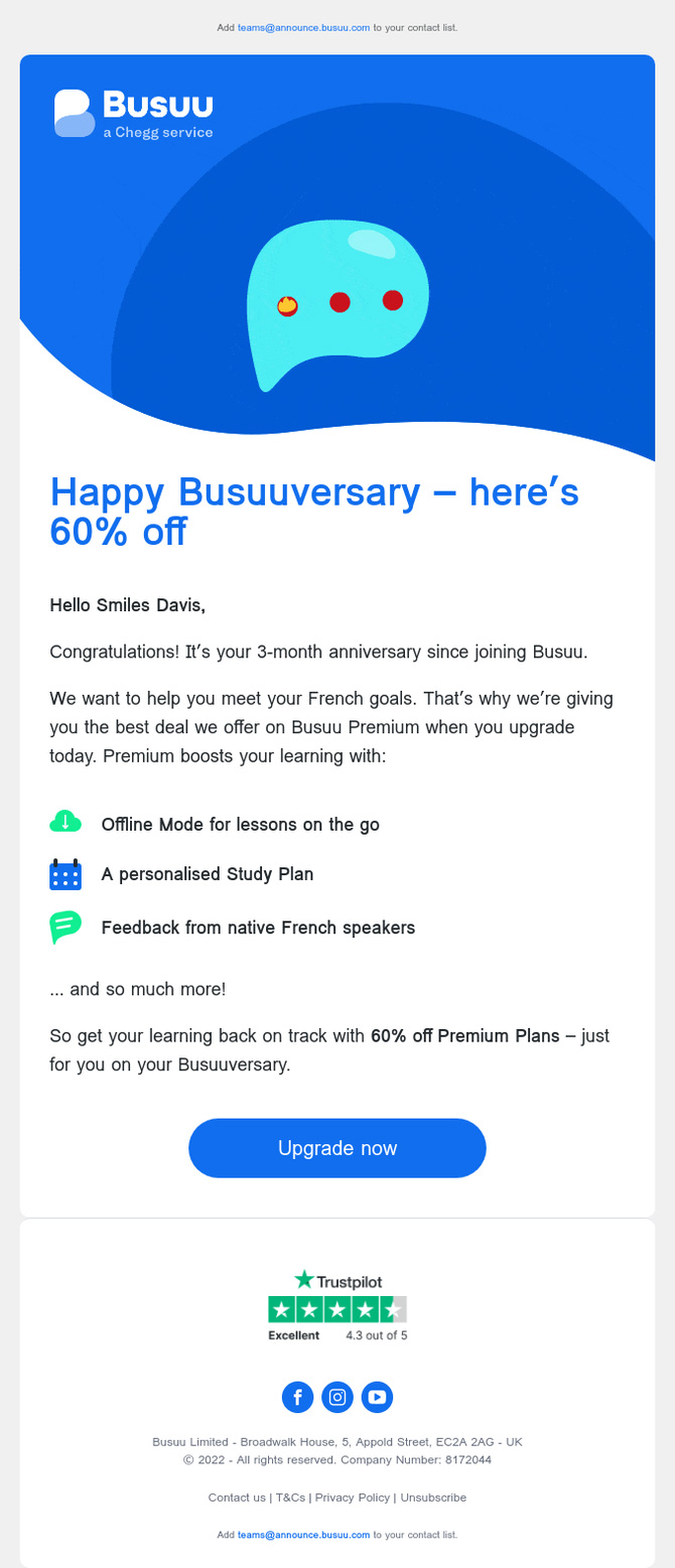 Subject: It’s your Busuuversary 🥳 Open for a treat 🍬