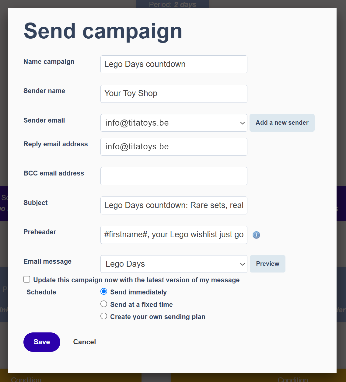 Flexmail e-mailmarketing software - campagne versturen door alle campagne gegevens in te vullen