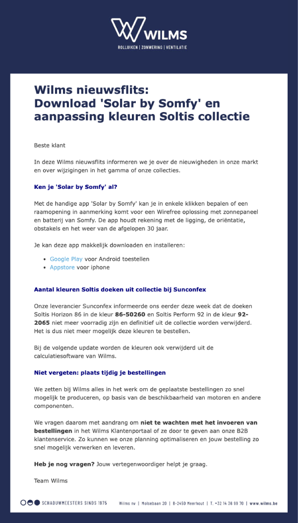 Wilms nieuwsflits – Producten